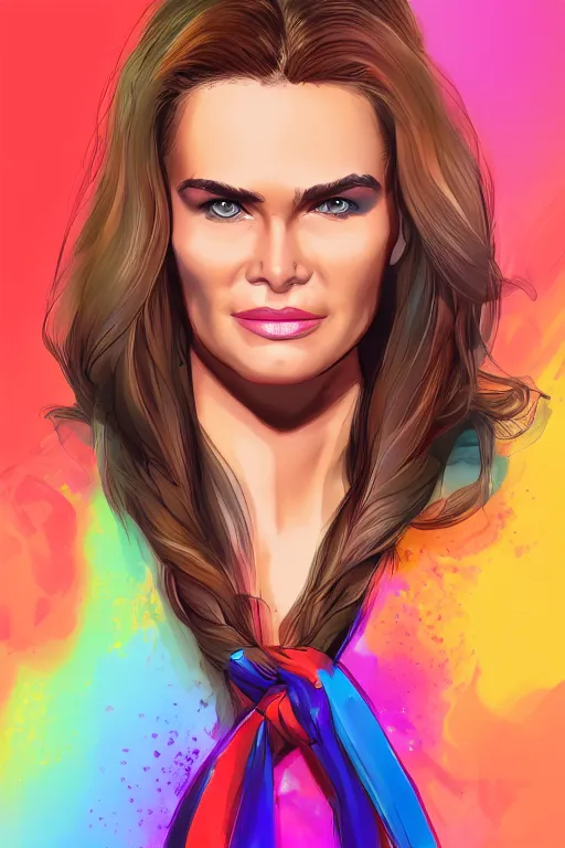 Prompt: portrait of a mix of young maria shriver, mariel hemmingway, brooke shields and elle macpherson as a marvel super hero, thin lips, hair tied up in a pony tail, colorful artstation, cgsociety