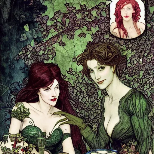 Prompt: a beautiful picture of doctor poison ivy professor of botany and doctor liliana vess professor of demonology having lunch, academic clothing, dark eyeliner, intricate, elegant, highly detailed, digital painting, artstation, concept art, matte, sharp focus, illustration, art by rebecca guay and by arthur rackham and by alphonse mucha and by john william waterhouse