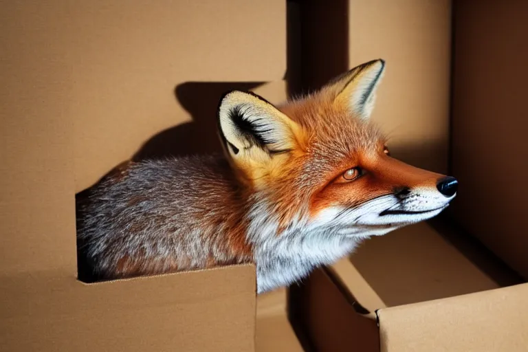 Prompt: a fox in a box, photo, 8k