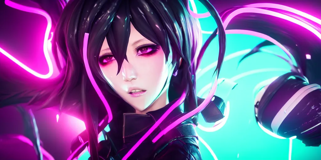 Prompt: KDA akali singing facing the camera centered with headphones on in the style of a code vein character, momo from twice in code vein in the style of WLOP, artgerm, yasutomo oka, rendered in unreal engine and redshift octane , background is surrounded by epic neon glitch effect digital art dynamic dramatic lighting, soft lighting, imagine fx, artstation, cgsociety, by Bandai Namco artist,