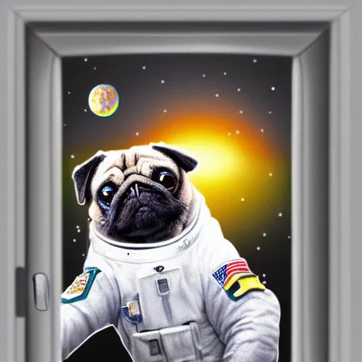 Image similar to gif, high - resolution, pencil art, colorized, extra - detailed, pug astronaut, opening door, in space that leads into the universe