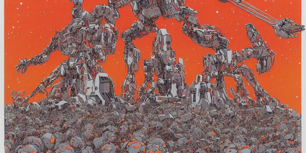 Image similar to risograph rendition of extremely - detailed white huge evangelion - like mech with a lot of orange tiny balls on it, children faces, ominous, intricate complexity, dramatic, epic composition, atmospheric, painting by moebius