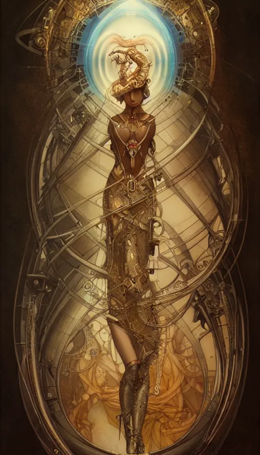 Image similar to timemachine schematics painted by tom bagshaw, mobius, mucha M. C. Escher, gold paint, ink, gnarly details