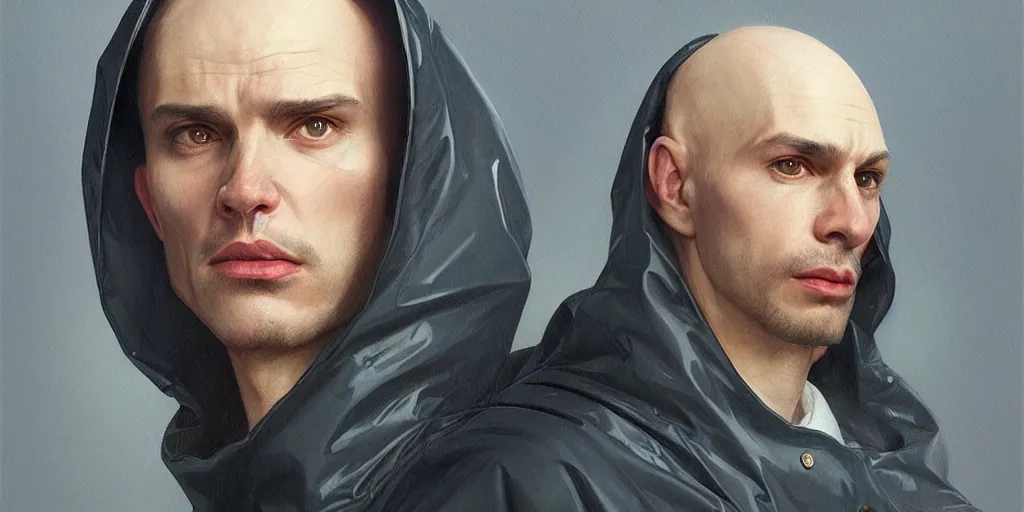 Image similar to european ( ( ( ( bald man ) ) ) ) dressed in raincoat, male, clear face, masculine, upper body, highly detailed, digital painting, artstation, concept art, matte, sharp focus, illustration, art by artgerm and greg rutkowski and alphonse mucha