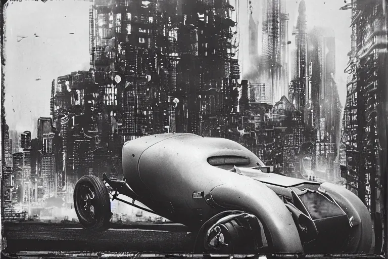 Image similar to cyberpunk 1 9 0 3 stanley steamer racecar by paul lehr, jesper ejsing, metropolis, parked by view over city, vintage film photo, damaged photo, scratched photo, scanned in, old photobook, silent movie, black and white photo