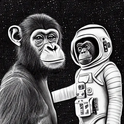 Prompt: pencil art, portait, highly detailed, epic, astronaut chimpanzee holding hands with a friendly human astronaut.