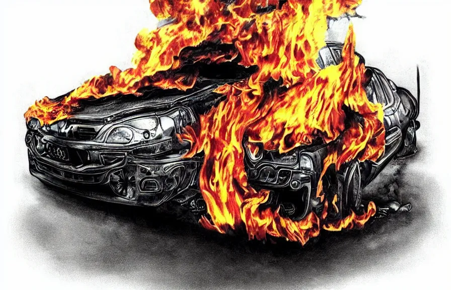 Prompt: car on fire, tattoo design