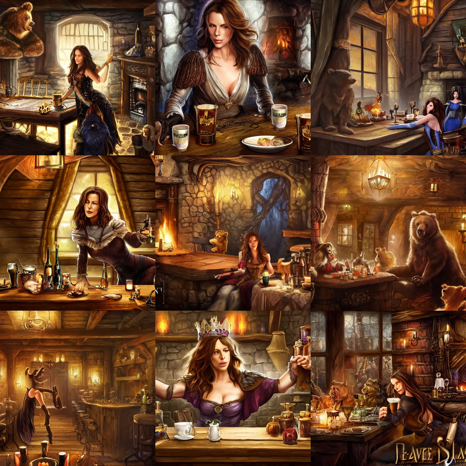Prompt: kate beckinsale sleep fall head on table, in fantasy tavern near fireplace, behind bar deck with bear mugs, medieval dnd, colorfull digital fantasy art, 4k