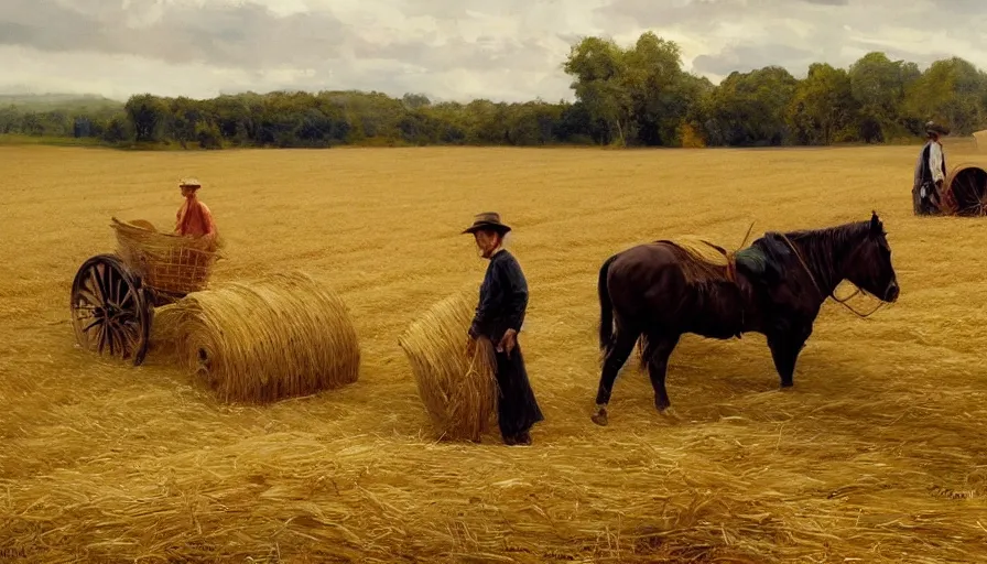 Prompt: simple amish farmers shocking hay in open fields, art by anders zorn, wonderful masterpiece by greg rutkowski, beautiful cinematic light, american romanticism thomas lawrence, greg rutkowski