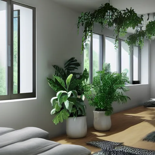 Image similar to a modern indoor room, clean architecture, some plants, peaceful, 8K octane render