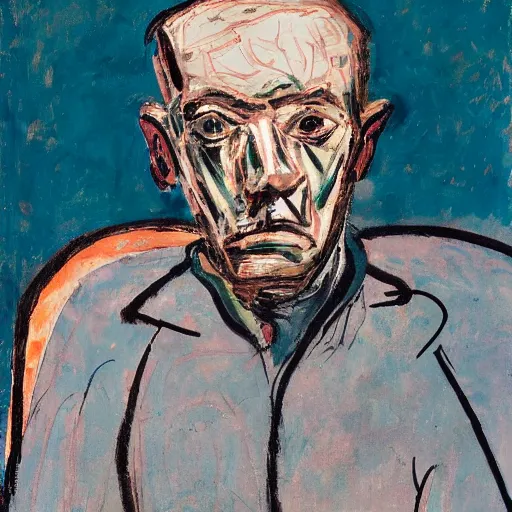 Prompt: painting of a man sitting on a chair, staring at you with an intense expression, by georg baselitz