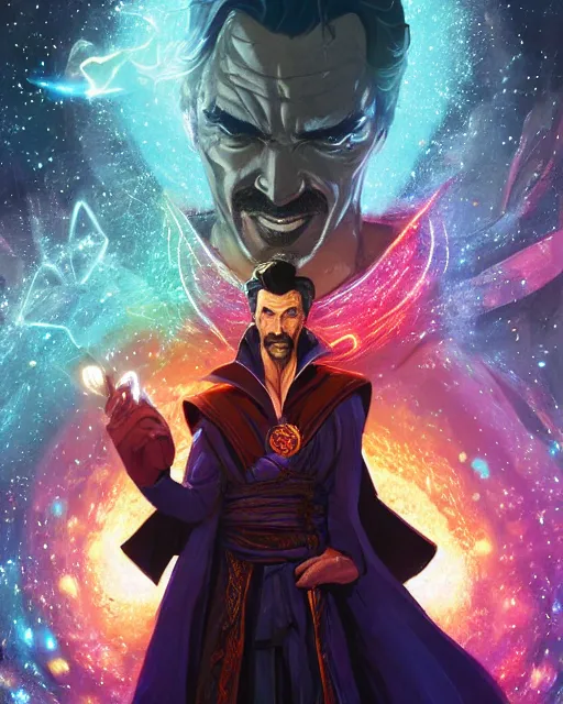 Prompt: a character portrait of handsome dr. strange with glow, surrounded with spiriling sparkling flash crystals and galaxies, by jesper ejsing, aleksi briclot, hyper light drifter, by ilya kuvshinov katsuhiro, jim burns, ed emshwiller, greg rutkowski, trending on artstation