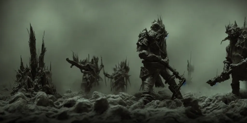 Image similar to the war between worlds extremely detailed claymation art, dark, moody, foggy