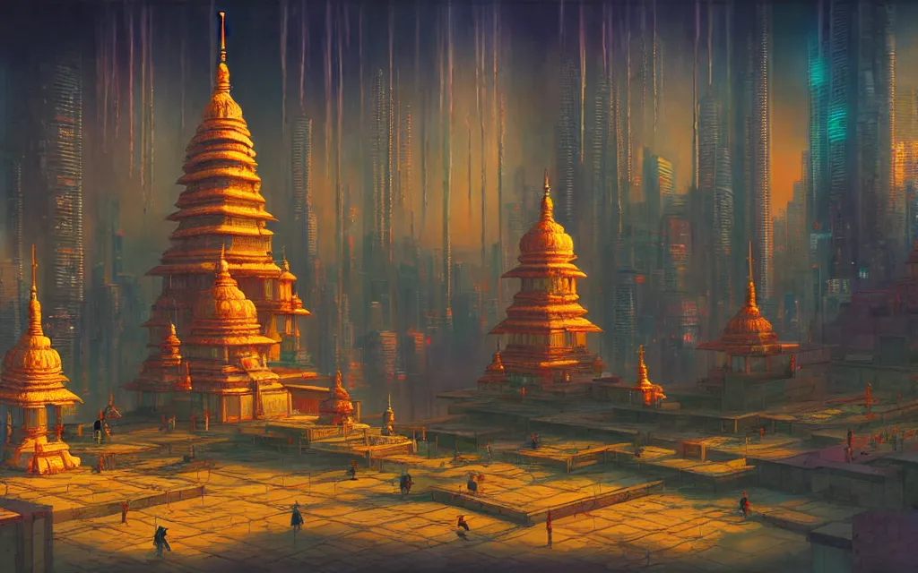 Image similar to cyberpunk indian temple, no people, city in background, drawn by feng zhu, sparse plants, dim painterly lighting volumetric aquatics, impasto