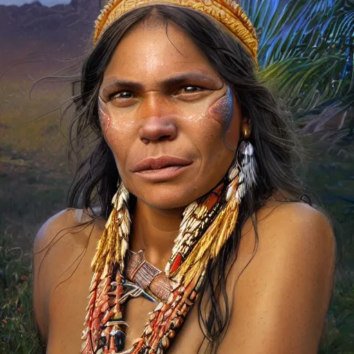 Image similar to an portrait of an happy female aboriginal, detailed, centered, digital painting, artstation, concept art, donato giancola, Joseph Christian Leyendecker, WLOP, Boris Vallejo, Breathtaking, 8k resolution, extremely detailed, beautiful, establishing shot, artistic, hyperrealistic, beautiful face, octane render