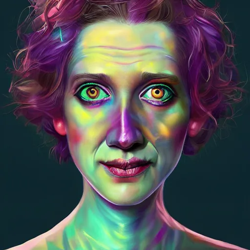 Image similar to hyperdetailed portrait of kristen schaal as delirium of the endless, colourful make up, the sandman, made by caravaggio stanley artgerm lau wlop rossdraws artstation cgsociety concept art cgsociety octane render