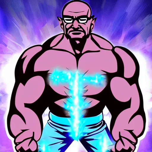 Image similar to buff Walter White Hadoken a ball of blue fire to the right side of the screen, accurate anatomy, accurate hands, highly detailed, digital art, smooth,