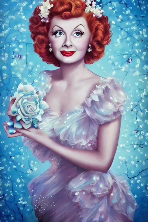 Prompt: beautiful digital painting of Lucille Ball and blue roses and pearls by Georgia O\'Keeffe, Carmelo Blandino, Cyril Rolando, artstation, Behance, 4K,