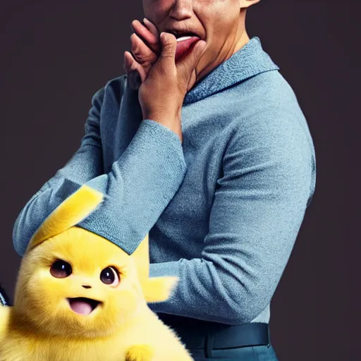 Prompt: portrait mid - sneeze cute detective pikachu mid - sneeze wiping face with rag at a photoshoot studio lighting