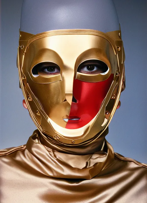 Image similar to a fashion portrait photograph of a man wearing a metal mask designed by thierry mugler, 3 5 mm, color film camera,