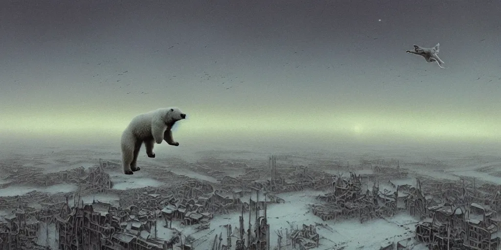 Image similar to point of view of a Polar bear flying in the night sky above a warmly lit farm town , size difference, Zdzislaw Beksinski, Wayne Barlowe, (H.R giger), gothic, biomorphic, amazing details, dystopian, surrealism, cold hue's, warm tone gradient background