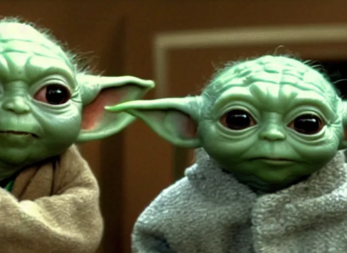 Prompt: a film still of a baby yoda ( in 1 9 3 5 old design ) in sitcom big bang theory ( 1 9 6 3 )