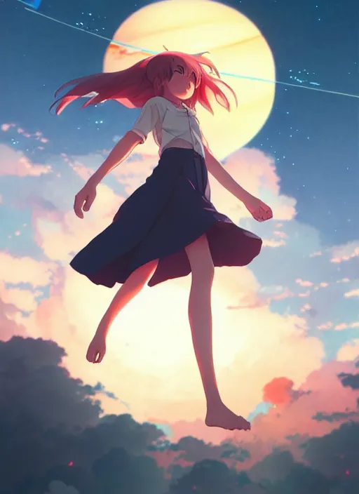 Image similar to anime girl flying in the sky against the backdrop of dawn, saturn in the background, illustration, concept art, anime, key visual, trending pixiv fanbox by wlop and greg rutkowski and makoto shinkai and studio ghibli