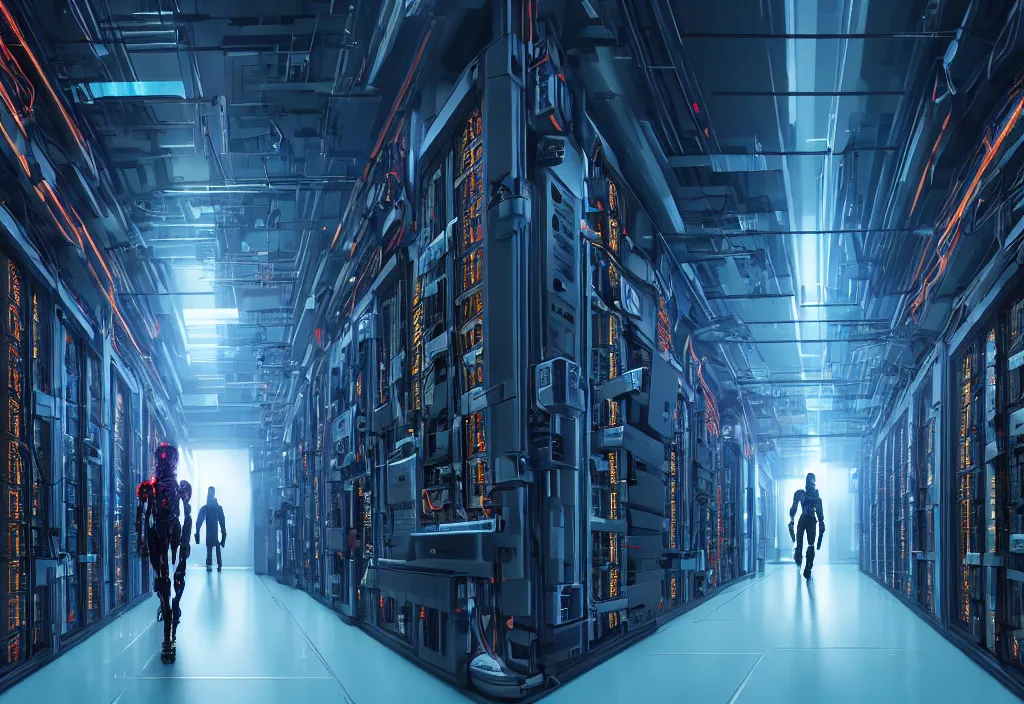 Prompt: shot of film cyborg walking in detailed server room in data center, character design, great composition perspective, vivid color, complementary color, detailed, sharp lines, trending on artstation, volumetric lighting, dramatic lighting by yoichi hatakenaka, cyberpunk art by asher brown durand