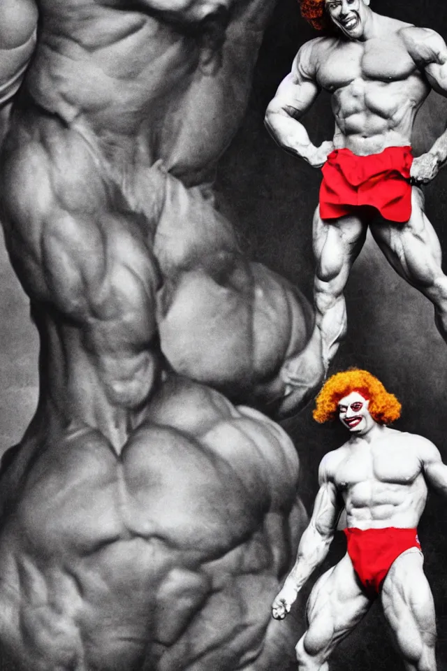 Prompt: Ronald McDonald as a bodybuilder in front of McDonald\'s, photo by Anne Liebovitz