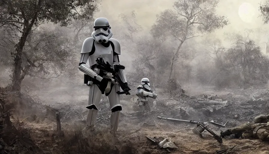 Image similar to Photorealistic Rendering of a Stormtrooper in World War!! 2 on a battlefield between ruins, Wallpaper, Hyperdetailed, Raytraced, Haze, Style of Claude Monet