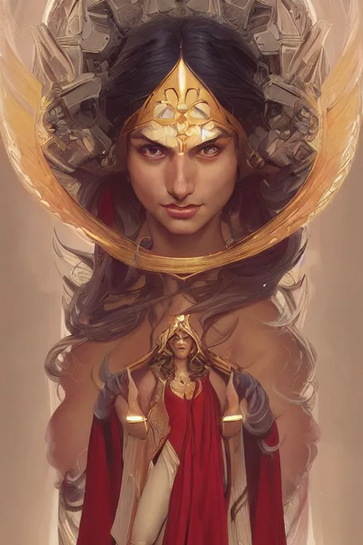 Image similar to portrait of Holy Superwoman, D&D, fantasy, highly detailed, digital painting, artstation, smooth, sharp focus, illustration, art by artgerm and greg rutkowski and alphonse mucha