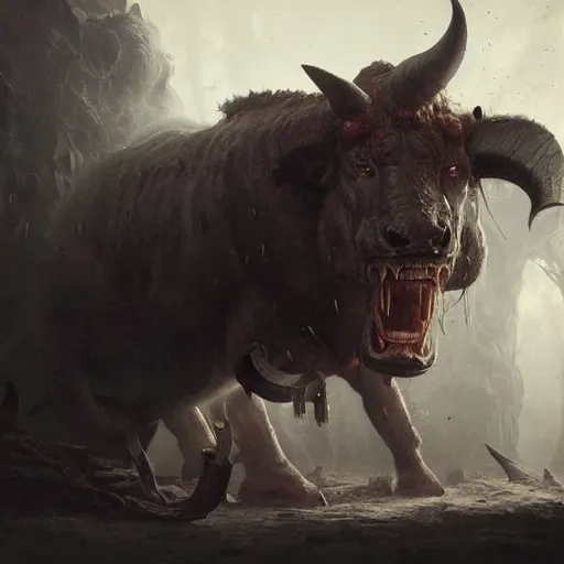 Image similar to minotaurus, high detail, dramatic light, digital art, painted by greg rutkowski, painted by seb mckinnon, trending on artstation