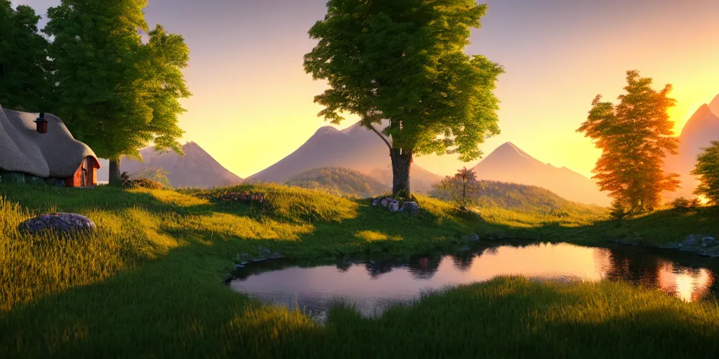 Image similar to a beautiful fantasy landscape, mountain in background, little cottage, small pond, some trees in the corner, sunrise, hyper realism, octane render
