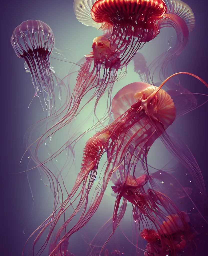 Prompt: human thorax, rib cage, ribs jellyfish phoenix head, nautilus, orchid, skull, betta fish, bioluminiscent creatures, intricate artwork by Tooth Wu and wlop and beeple. octane render, trending on artstation, greg rutkowski very coherent symmetrical artwork. cinematic, hyper realism, high detail, octane render, 8k