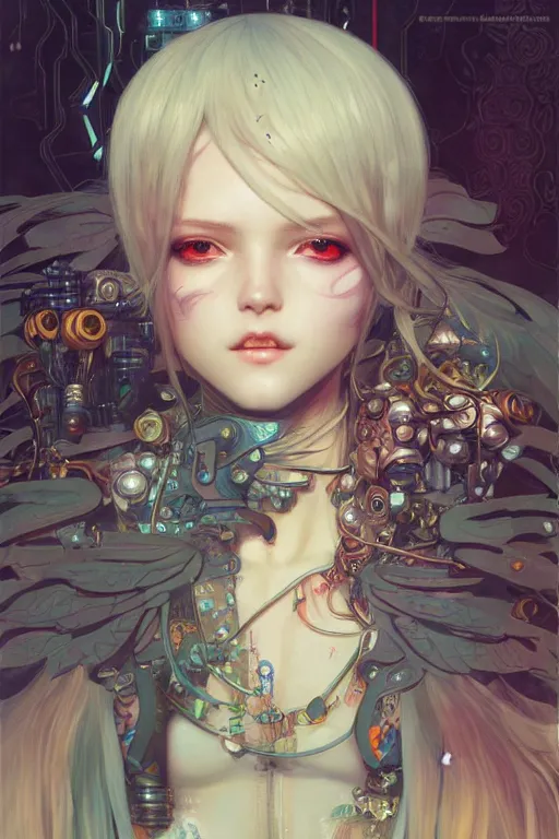 Image similar to portrait of beautiful young fairy, cyberpunk, Warhammer, highly detailed, artstation, illustration, art by Gustav Klimt and Range Murata and Ilya Kuvshinov and Sakimichan