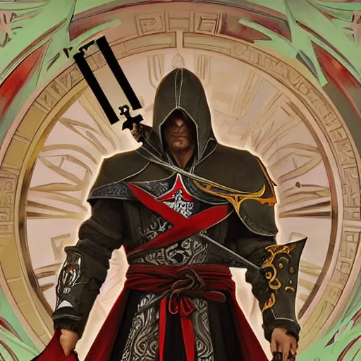 Image similar to an ultra detailed vector image of ezio auditore dressed as solaire of astora, concept art by alphonse mucha and greg rutkowski, praise the blood moon, octane render, liminal space