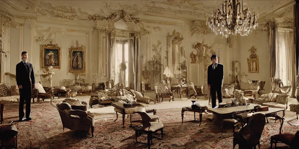 Image similar to Batman standing in giant Italian modern castle living room, photo by Annie Leibovitz