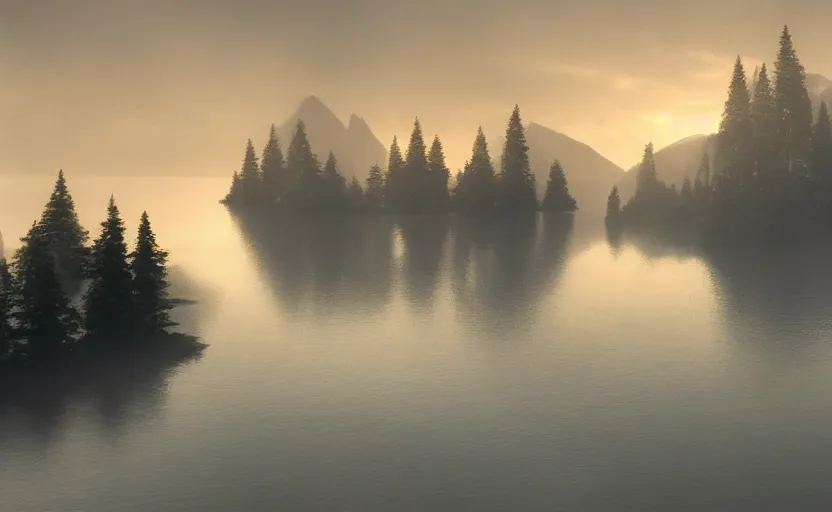 Image similar to a strange lake directed by charlie kaufman ( 2 0 0 1 ) anamorphic lenses, foggy volumetric light morning, cinematic trending on artstation in the style of greg rutkowski