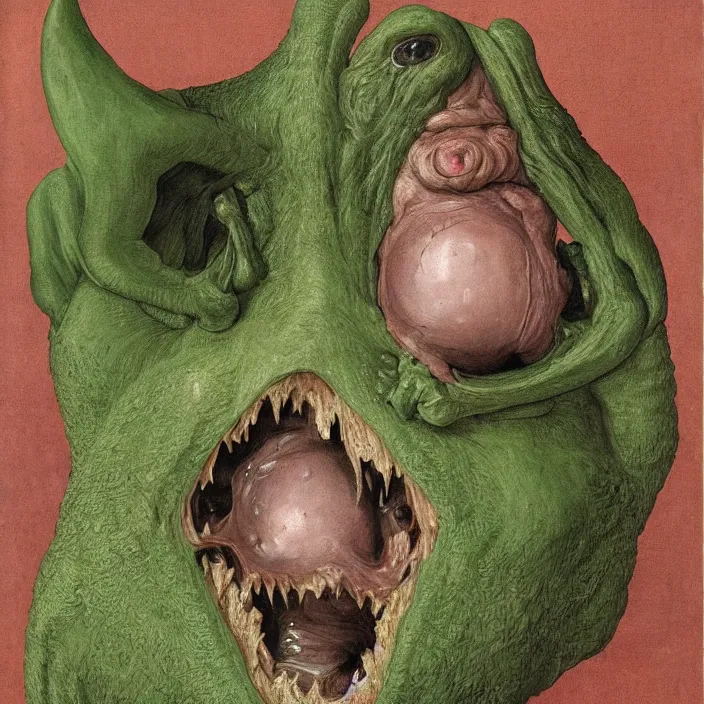 Image similar to close up portrait of a mutant monster creature with cheeks covered in purulent pustules, pimples at different stages, some fresh, some bursting with a whitish fluid ; pleasant, flirty green eyes, very large transparent bat ears. jan van eyck, walton ford