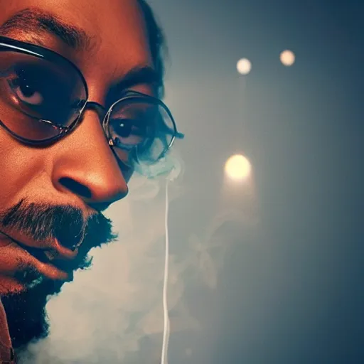 Image similar to a dramatic photograph of snoop dog smoking a joint in an infinite universe while contemplating a magical portal to the beyond, ground haze, dramatic lighting, filmic, cinematographic