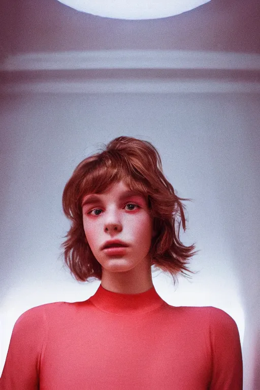 Image similar to film photography from 7 0 s, close - up portrait, young fashion model, red room, soft light, golden hour, in style of joel meyerowitz