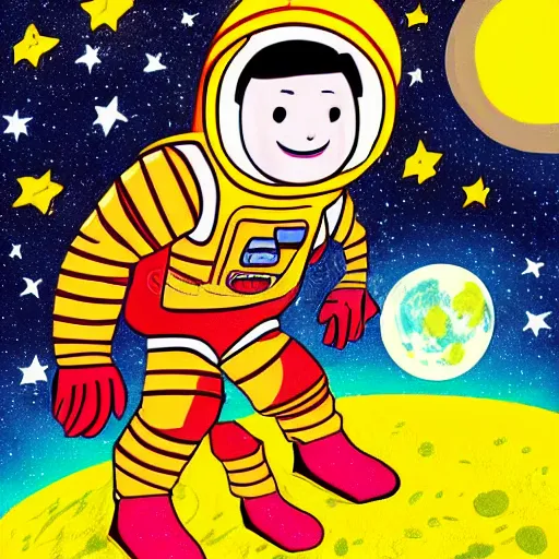 Image similar to cartoon astronaut floating around the moon with a rocket ship and shooting stars in the background, children's book illustration, highly detailed, high quality, bright colors,