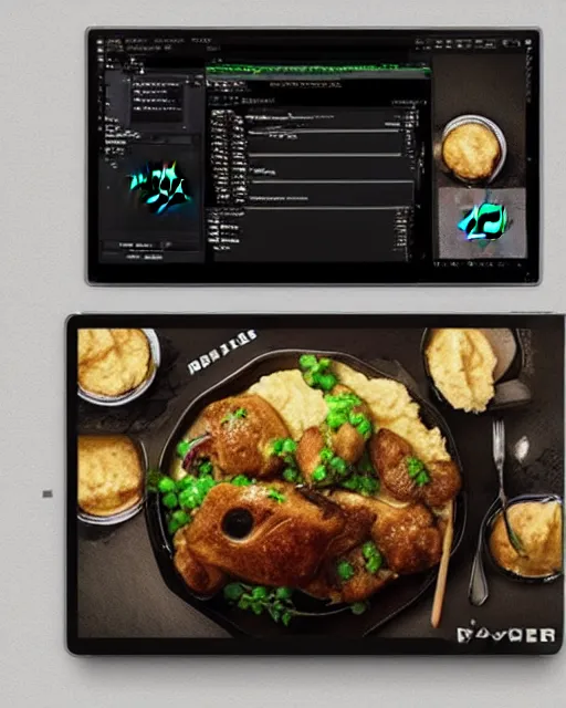 Image similar to Razer gamer porkchops and mashed potatoes, HD, trending on artstation, instagram post, LED