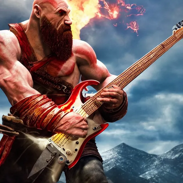 Image similar to kratos shredding on a flaming stratocaster guitar, cinematic render, god of war 2 0 1 8, santa monica studio official media, lightning, stripe over eye