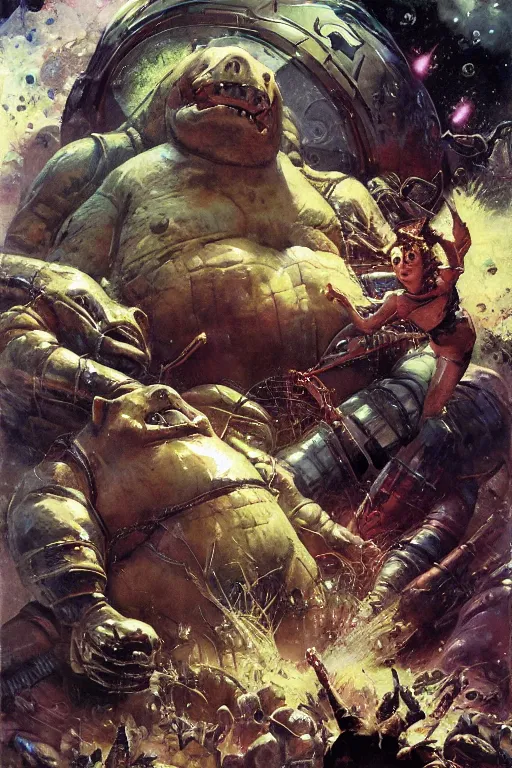 Prompt: huge slimy huge pig attacks, dynamic action on alien planet, by norman rockwell, jack kirby, jon berkey, earle bergey, craig mullins, ruan jia, jeremy mann, tom lovell, marvel, astounding stories, 5 0 s pulp illustration, scifi, fantasy