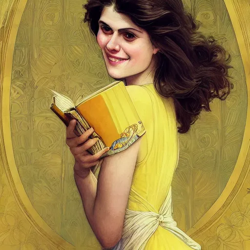 Image similar to a smiling alexandra daddario wearing a yellow dress and reading a book, masterpiece, intricate, elegant, highly detailed, digital painting, artstation, concept art, smooth, sharp focus, illustration, art by artgerm and greg rutkowski and alphonse mucha and uang guangjian and gil elvgren and sachin teng, symmetry!!