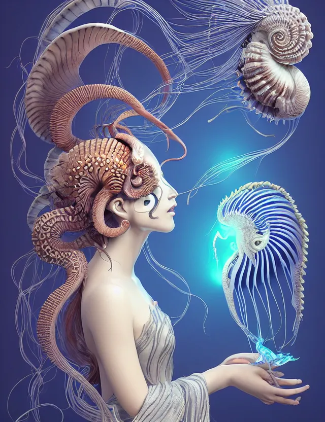 Image similar to 3 d goddess nautilus half - turn portrait with long hair with ram skull. beautiful intricately detailed japanese crow kitsune mask and clasical japanese kimono. betta fish, jellyfish phoenix, bio luminescent, plasma, ice, water, wind, creature, artwork by tooth wu and wlop and beeple and greg rutkowski