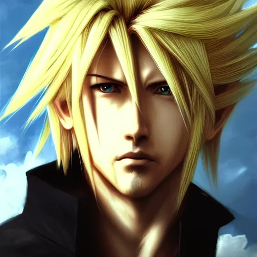 Prompt: cloud strife's face in a cloud, artstation, high contrast, highly detailed, epic, 4 k, artstation, greg rutkowski