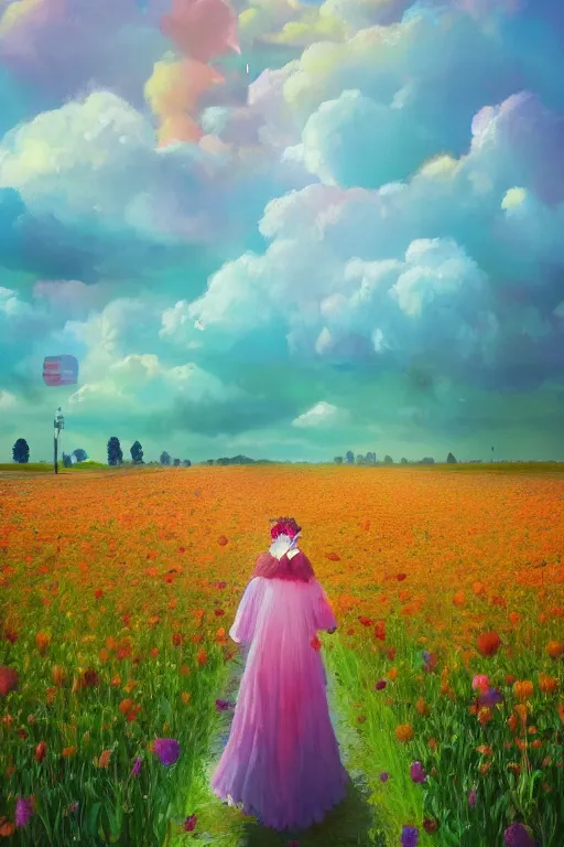 Image similar to giant flower head, girl walking in a flower field, surreal photography, sunrise, dramatic light, impressionist painting, colorful clouds, digital painting, artstation, simon stalenhag