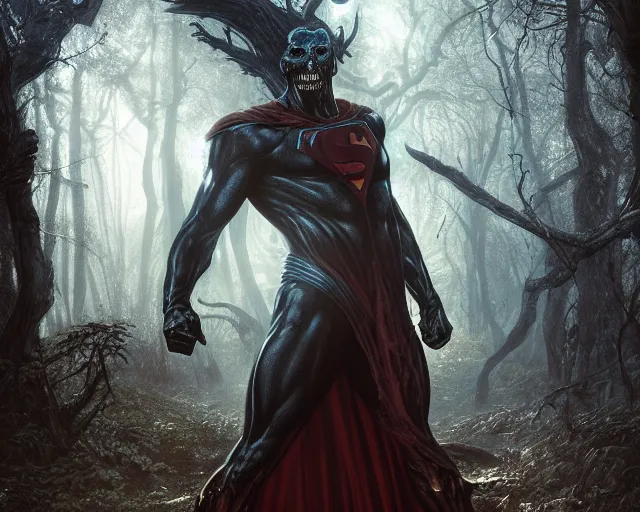 Image similar to 5 5 mm portrait photo of a demonic undead superman in a magical forest. magical atmosphere. art by greg rutkowski and luis royo. highly detailed 8 k. intricate. lifelike. soft light. nikon d 8 5 0.